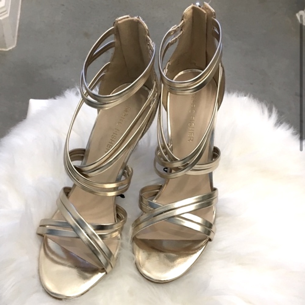 Marc Fisher Rhoda Gold Strappy Stiletto Heel Dress Sandals, Size 10